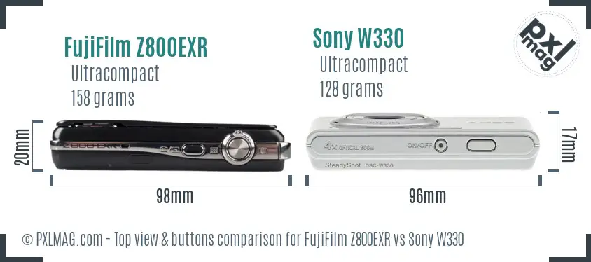 FujiFilm Z800EXR vs Sony W330 top view buttons comparison