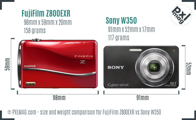FujiFilm Z800EXR vs Sony W350 size comparison
