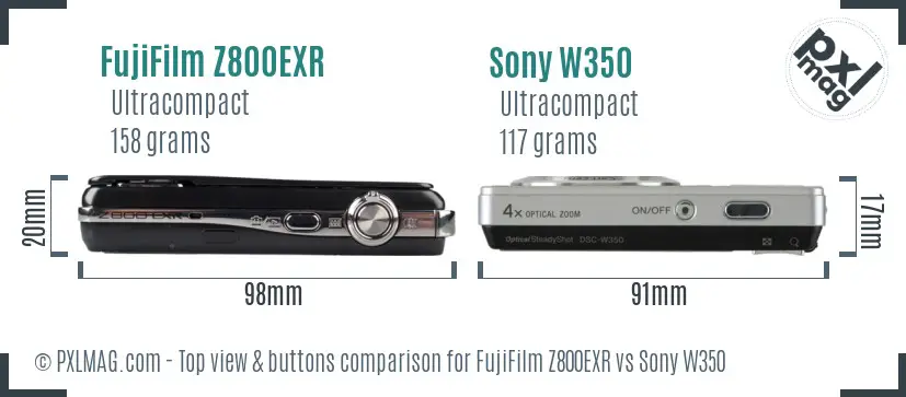 FujiFilm Z800EXR vs Sony W350 top view buttons comparison