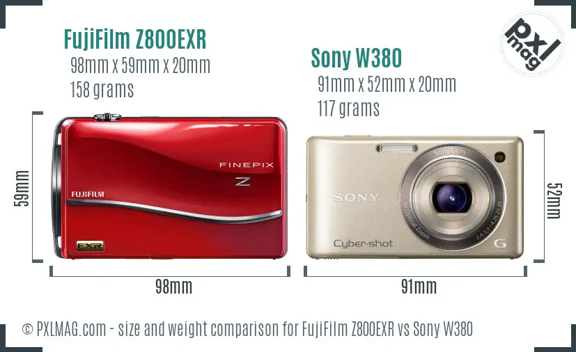 FujiFilm Z800EXR vs Sony W380 size comparison