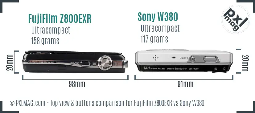 FujiFilm Z800EXR vs Sony W380 top view buttons comparison