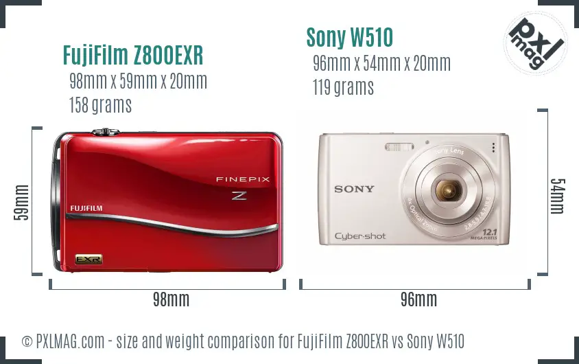 FujiFilm Z800EXR vs Sony W510 size comparison