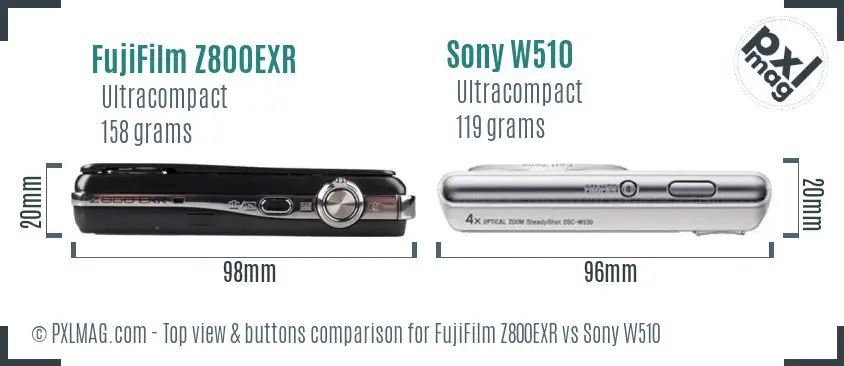 FujiFilm Z800EXR vs Sony W510 top view buttons comparison