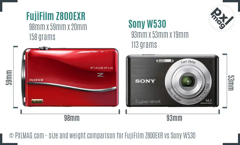 FujiFilm Z800EXR vs Sony W530 size comparison