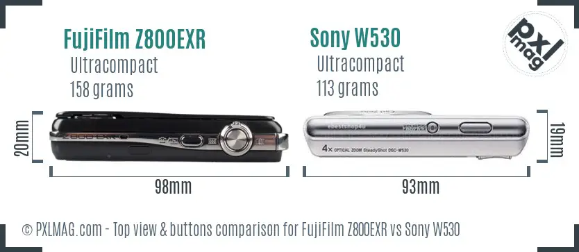 FujiFilm Z800EXR vs Sony W530 top view buttons comparison