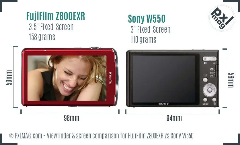 FujiFilm Z800EXR vs Sony W550 Screen and Viewfinder comparison