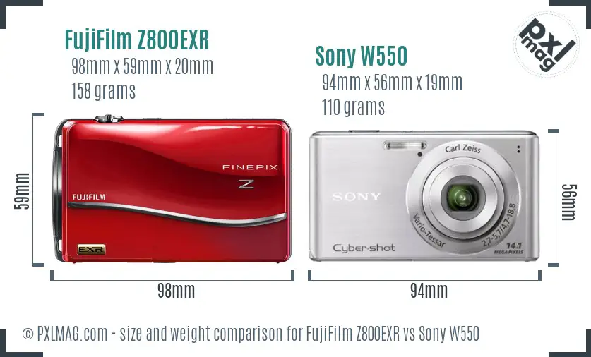 FujiFilm Z800EXR vs Sony W550 size comparison