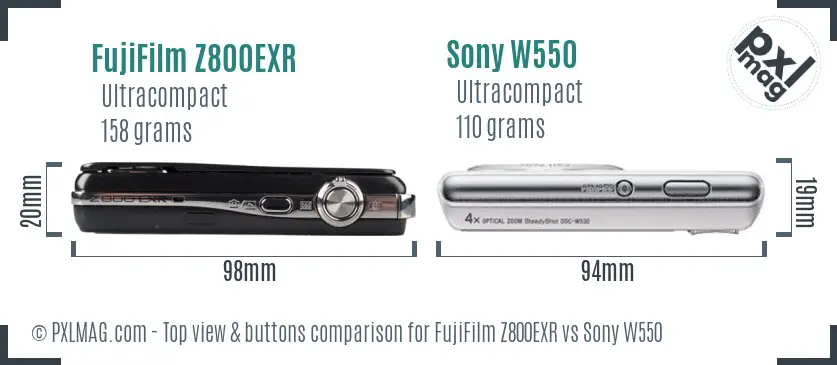 FujiFilm Z800EXR vs Sony W550 top view buttons comparison