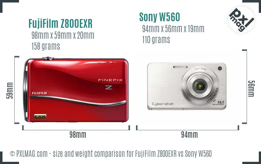 FujiFilm Z800EXR vs Sony W560 size comparison