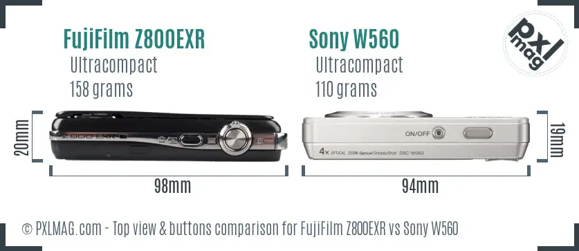 FujiFilm Z800EXR vs Sony W560 top view buttons comparison