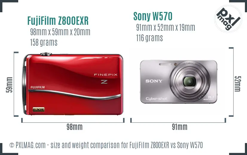 FujiFilm Z800EXR vs Sony W570 size comparison