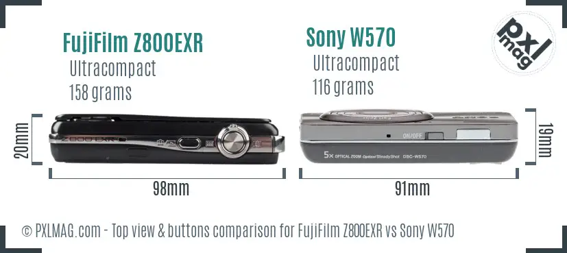FujiFilm Z800EXR vs Sony W570 top view buttons comparison