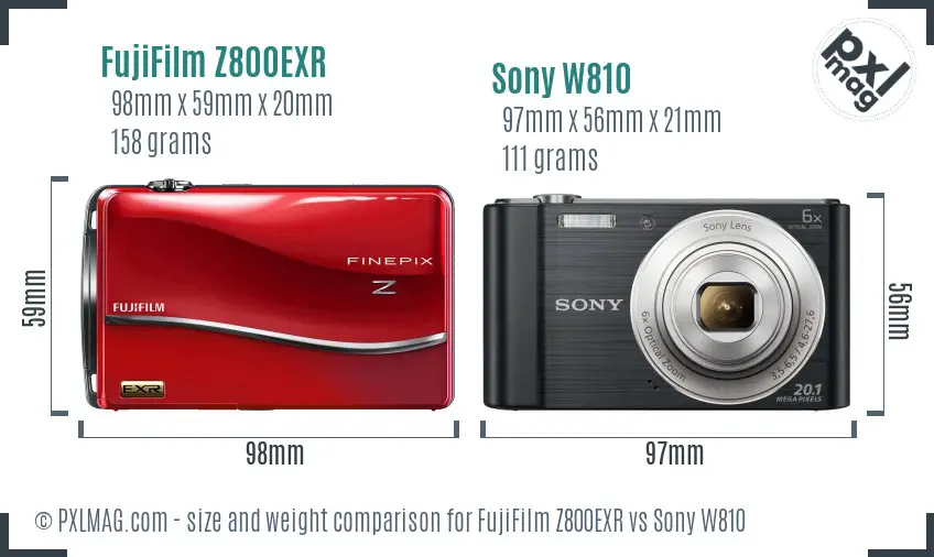 FujiFilm Z800EXR vs Sony W810 size comparison