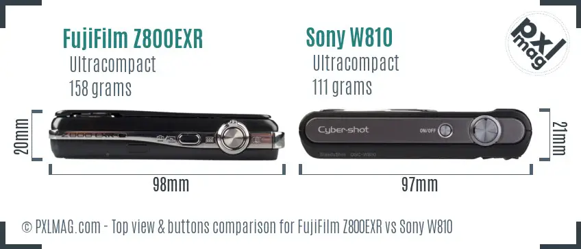 FujiFilm Z800EXR vs Sony W810 top view buttons comparison