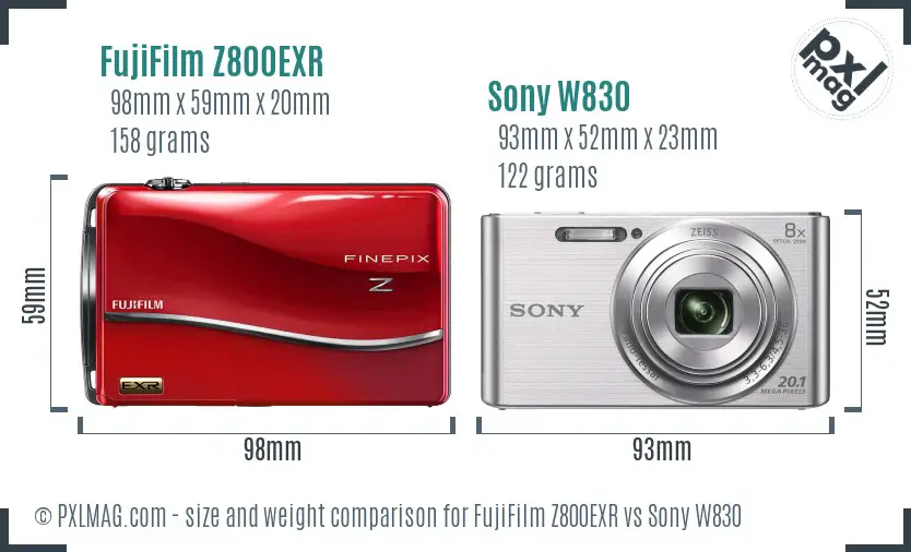 FujiFilm Z800EXR vs Sony W830 size comparison