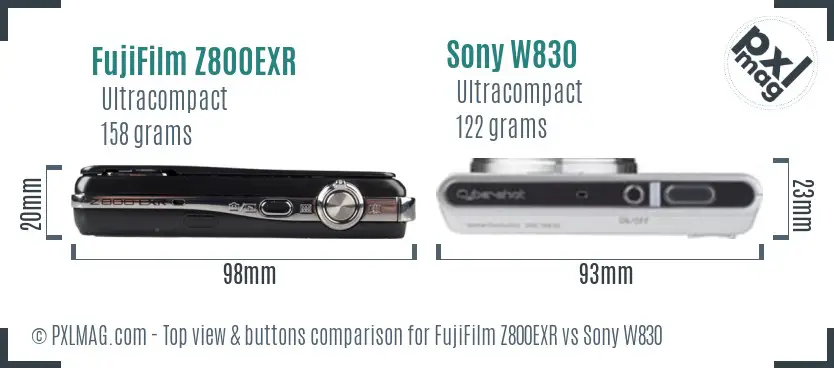 FujiFilm Z800EXR vs Sony W830 top view buttons comparison