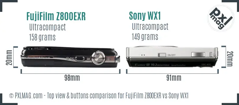 FujiFilm Z800EXR vs Sony WX1 top view buttons comparison