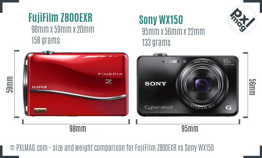 FujiFilm Z800EXR vs Sony WX150 size comparison