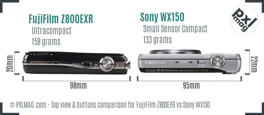 FujiFilm Z800EXR vs Sony WX150 top view buttons comparison