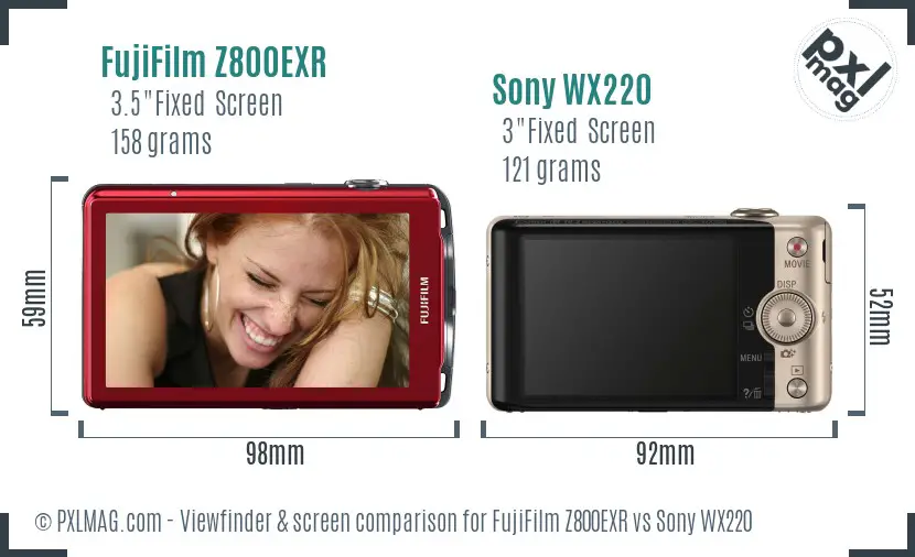 FujiFilm Z800EXR vs Sony WX220 Screen and Viewfinder comparison