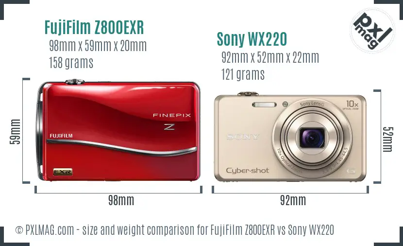 FujiFilm Z800EXR vs Sony WX220 size comparison