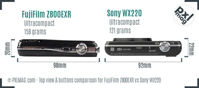 FujiFilm Z800EXR vs Sony WX220 top view buttons comparison