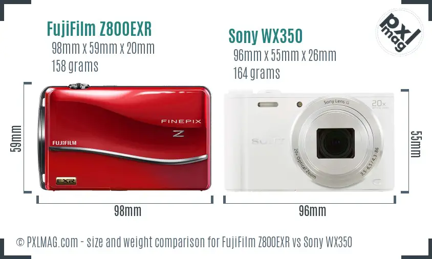 FujiFilm Z800EXR vs Sony WX350 size comparison