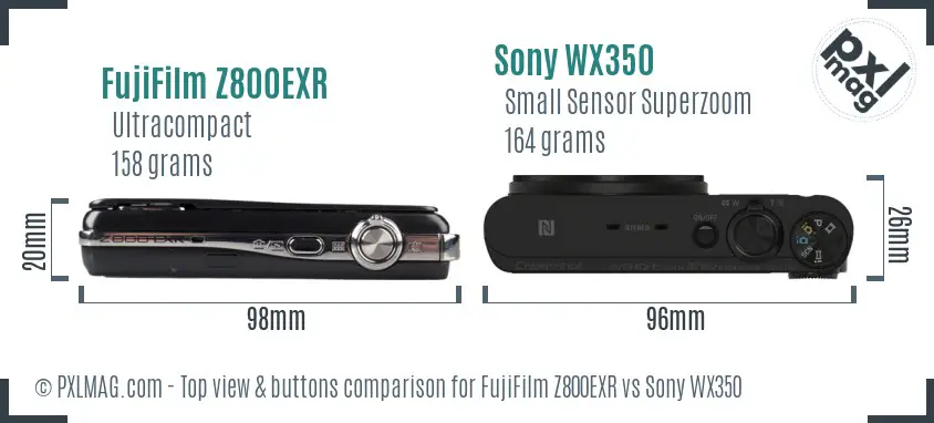 FujiFilm Z800EXR vs Sony WX350 top view buttons comparison