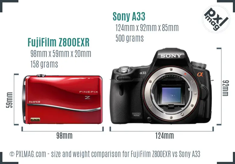 FujiFilm Z800EXR vs Sony A33 size comparison