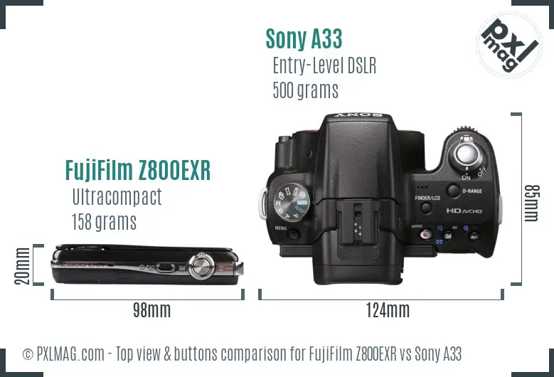FujiFilm Z800EXR vs Sony A33 top view buttons comparison