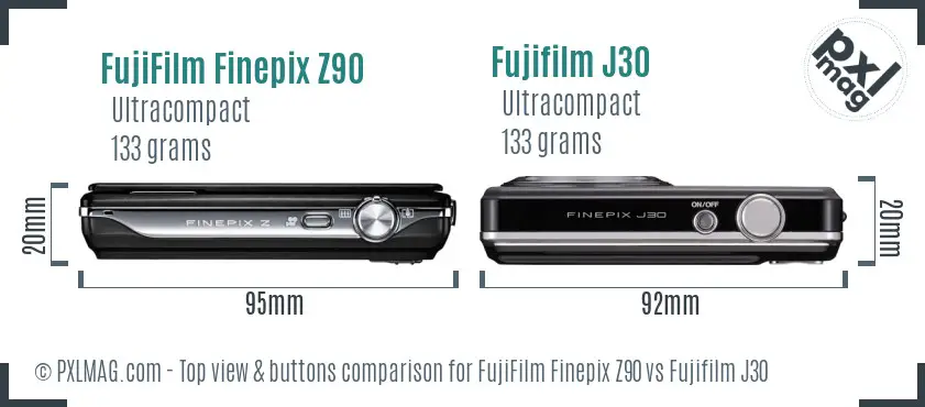 FujiFilm Finepix Z90 vs Fujifilm J30 top view buttons comparison