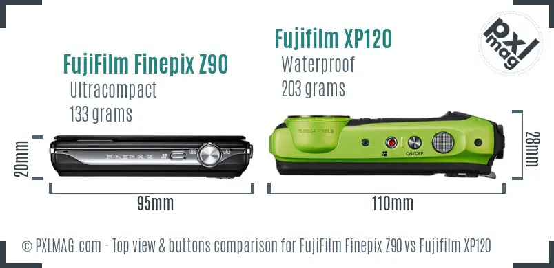 FujiFilm Finepix Z90 vs Fujifilm XP120 top view buttons comparison
