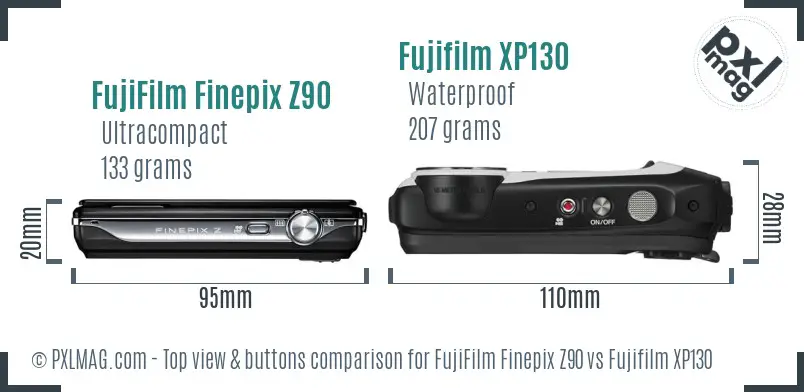 FujiFilm Finepix Z90 vs Fujifilm XP130 top view buttons comparison