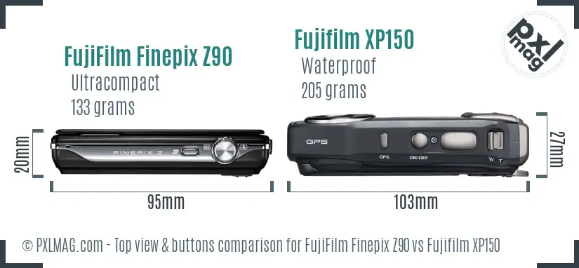 FujiFilm Finepix Z90 vs Fujifilm XP150 top view buttons comparison