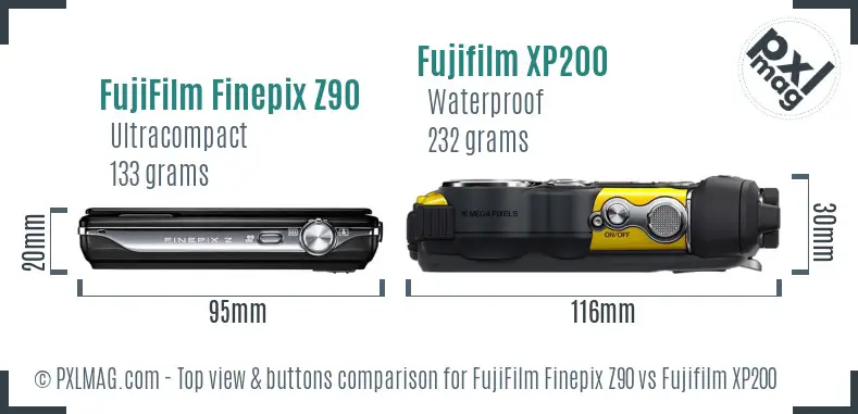 FujiFilm Finepix Z90 vs Fujifilm XP200 top view buttons comparison