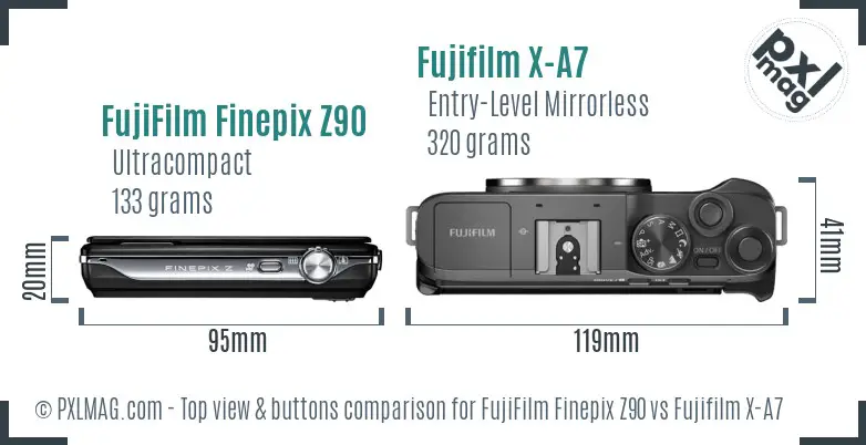 FujiFilm Finepix Z90 vs Fujifilm X-A7 top view buttons comparison