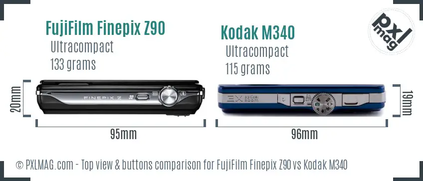 FujiFilm Finepix Z90 vs Kodak M340 top view buttons comparison