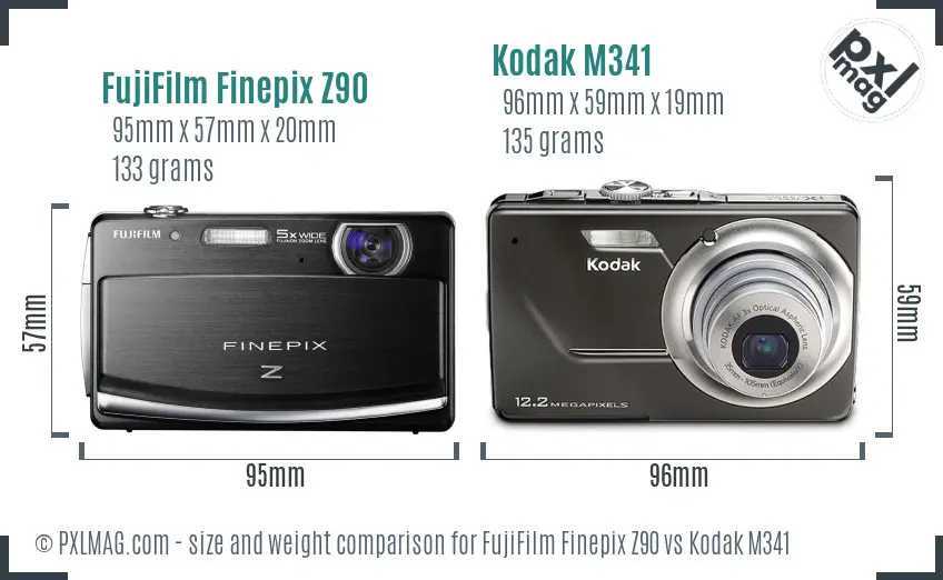 FujiFilm Finepix Z90 vs Kodak M341 size comparison