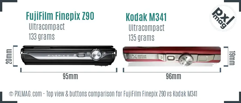 FujiFilm Finepix Z90 vs Kodak M341 top view buttons comparison