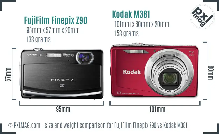 FujiFilm Finepix Z90 vs Kodak M381 size comparison
