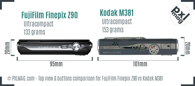 FujiFilm Finepix Z90 vs Kodak M381 top view buttons comparison