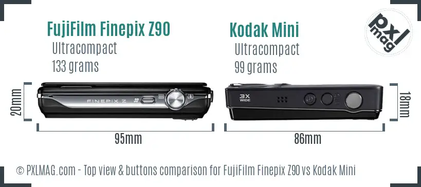 FujiFilm Finepix Z90 vs Kodak Mini top view buttons comparison