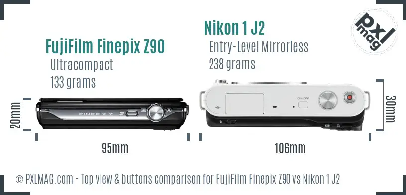 FujiFilm Finepix Z90 vs Nikon 1 J2 top view buttons comparison FujiFilm Finepix Z90 vs Nikon 1 J2 top view buttons comparison