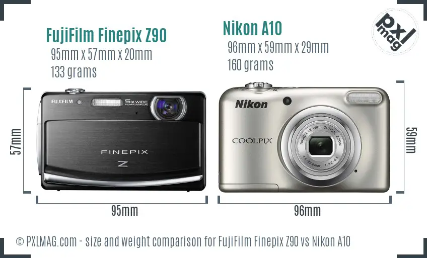 FujiFilm Finepix Z90 vs Nikon A10 size comparison FujiFilm Finepix Z90 vs Nikon A10 size comparison