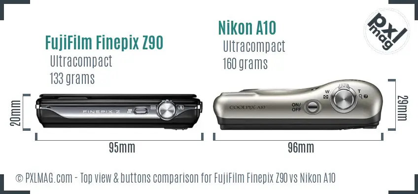 FujiFilm Finepix Z90 vs Nikon A10 top view buttons comparison FujiFilm Finepix Z90 vs Nikon A10 top view buttons comparison