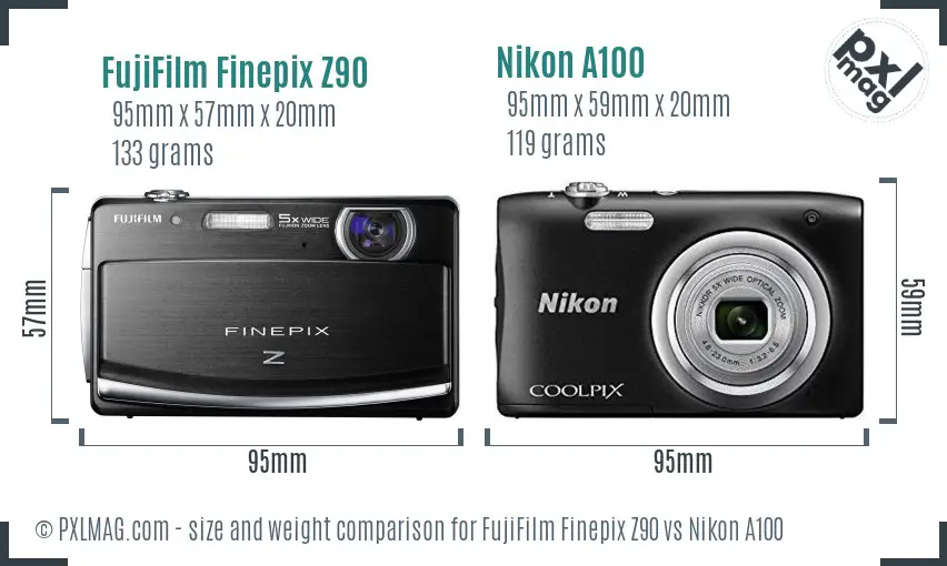 FujiFilm Finepix Z90 vs Nikon A100 size comparison