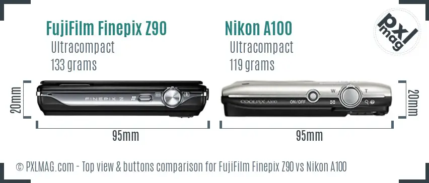 FujiFilm Finepix Z90 vs Nikon A100 top view buttons comparison