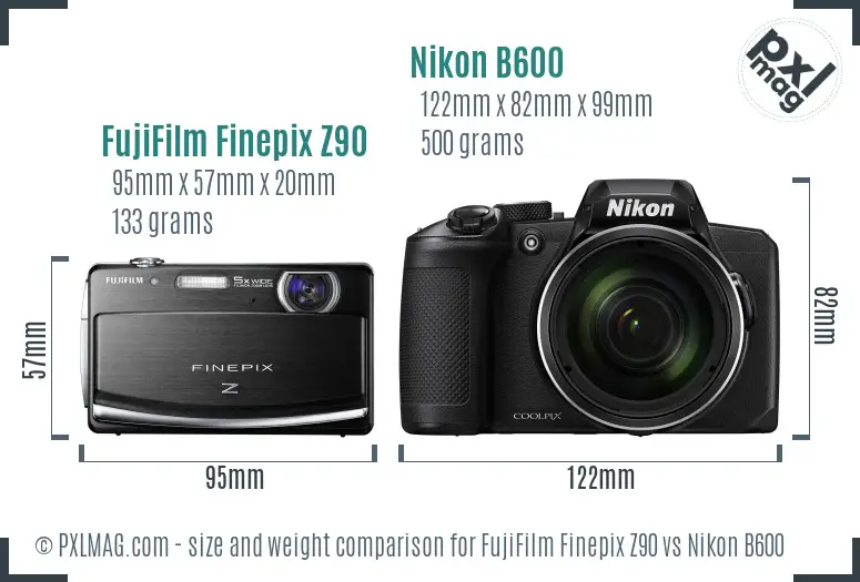 FujiFilm Finepix Z90 vs Nikon B600 size comparison