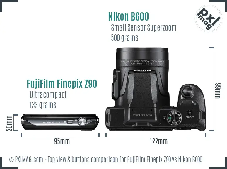FujiFilm Finepix Z90 vs Nikon B600 top view buttons comparison