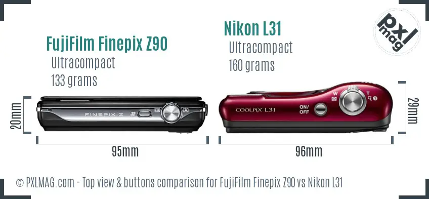 FujiFilm Finepix Z90 vs Nikon L31 top view buttons comparison